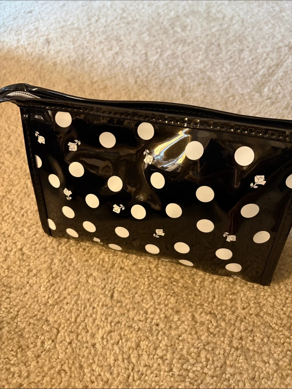 Lancome Black & White Rose Polka Dot Glossy Wristlet Pouch/Cosmetic Bag NWOT